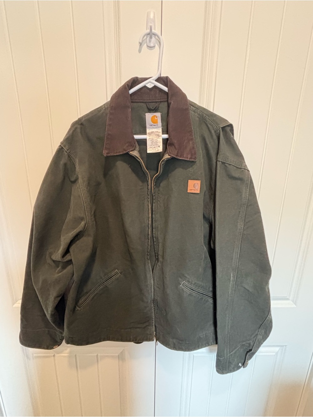 Carhartt Olive Green Canvas Jacket with Brown Cord Collar